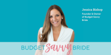 headshot of Jessica Bishop with overlay of Budget Savvy Bride logo